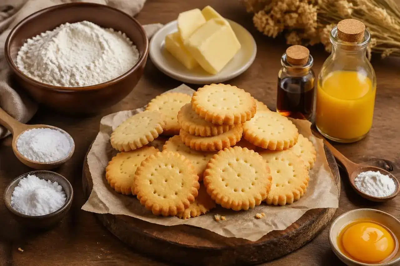Des biscuits sablés dorés, empilés sur du papier sulfurisé, avec des ingrédients pour les meilleurs biscuits sablés : farine, beurre, sucre, œuf, vanille et jus.