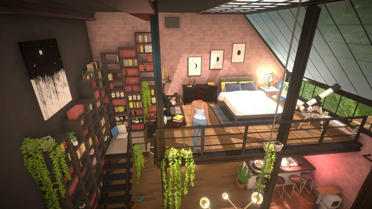 Wnętrze dwupoziomowego mieszkania w grze podobnej do The Sims. Dziewczyna stoi na antresoli, obok łóżka i biurka.