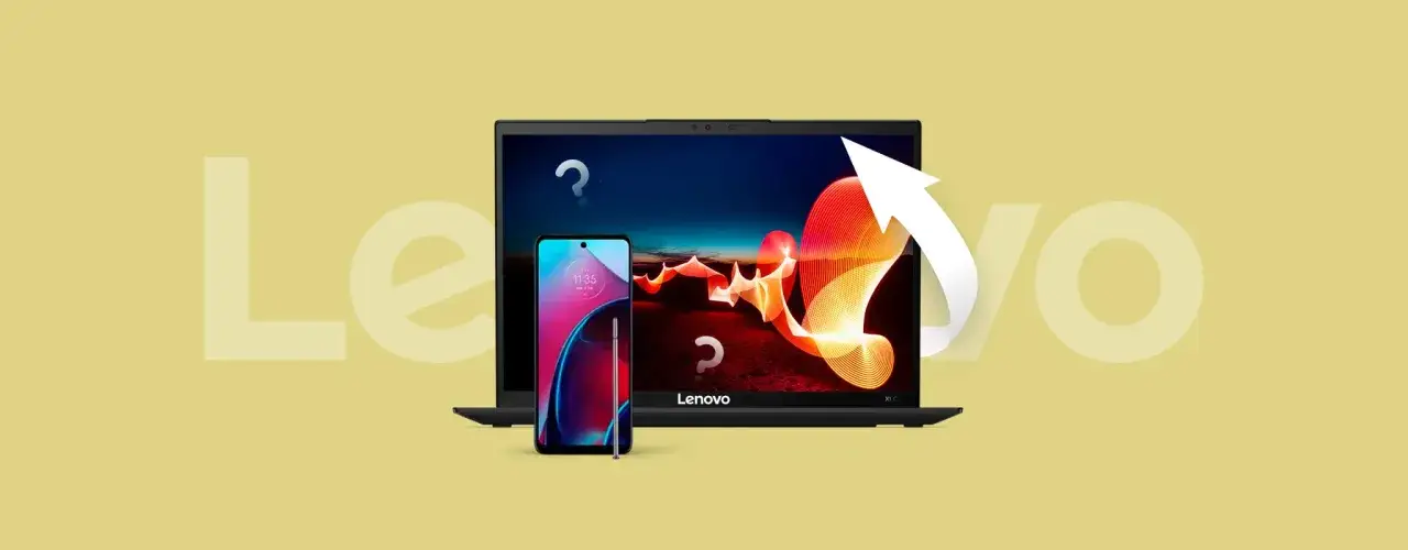 Jak zresetować tablet Lenovo? Laptop i smartfon Lenovo z pytajnikami i strzałką wskazującą na odświeżenie.