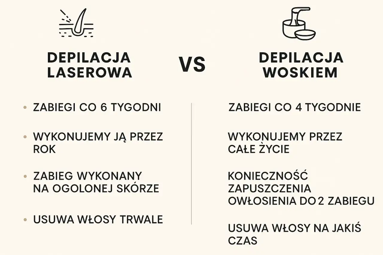 Porównanie depilacji laserowej i woskiem: laser działa trwale, zabiegi co 6 tyg. przez rok. Wosk wymaga ciągłych zabiegów.
