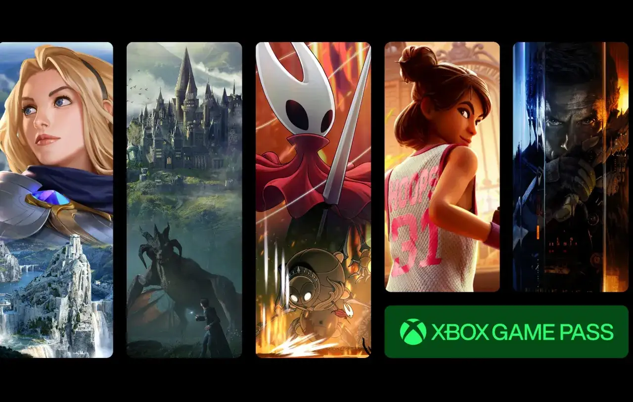 Pięć paneli z grafikami z gier: postać z League of Legends, Hogwart, Hollow Knight, postać z gry sportowej i mężczyzna z gry akcji.