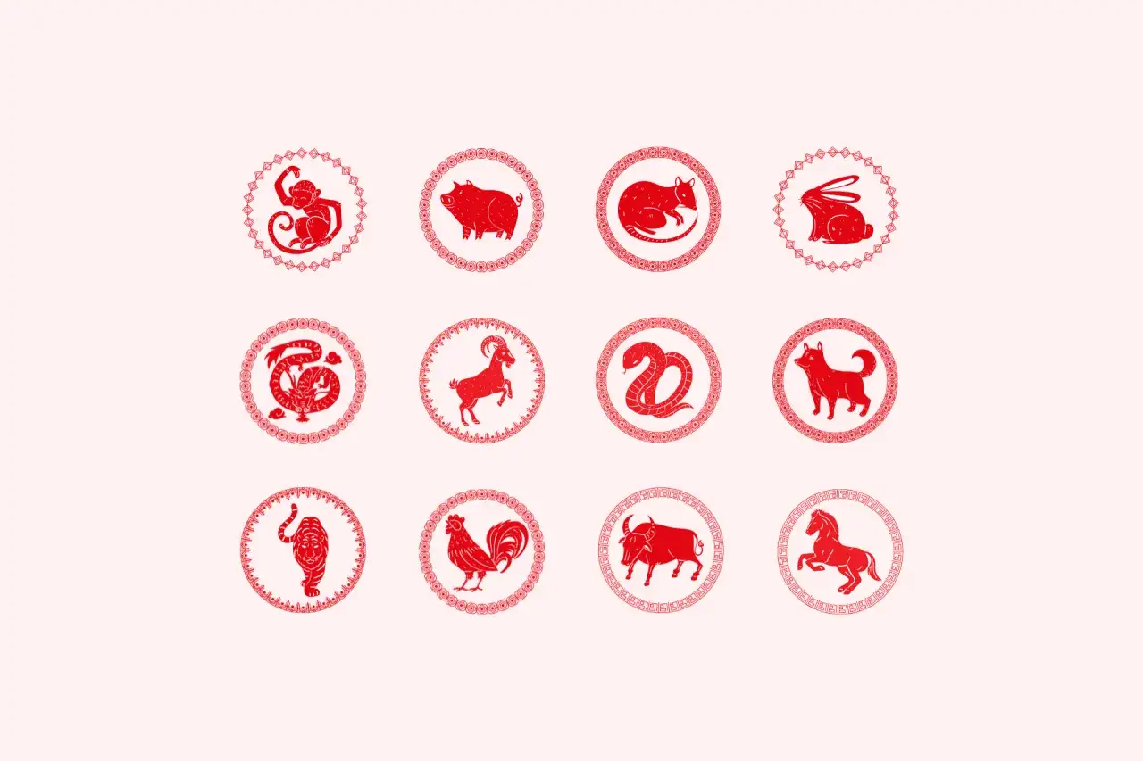 Czerwone, stylizowane chińskie znaki zodiaku: małpa, świnia, szczur, królik, smok, koza, wąż, pies, tygrys, kogut, wół, koń.