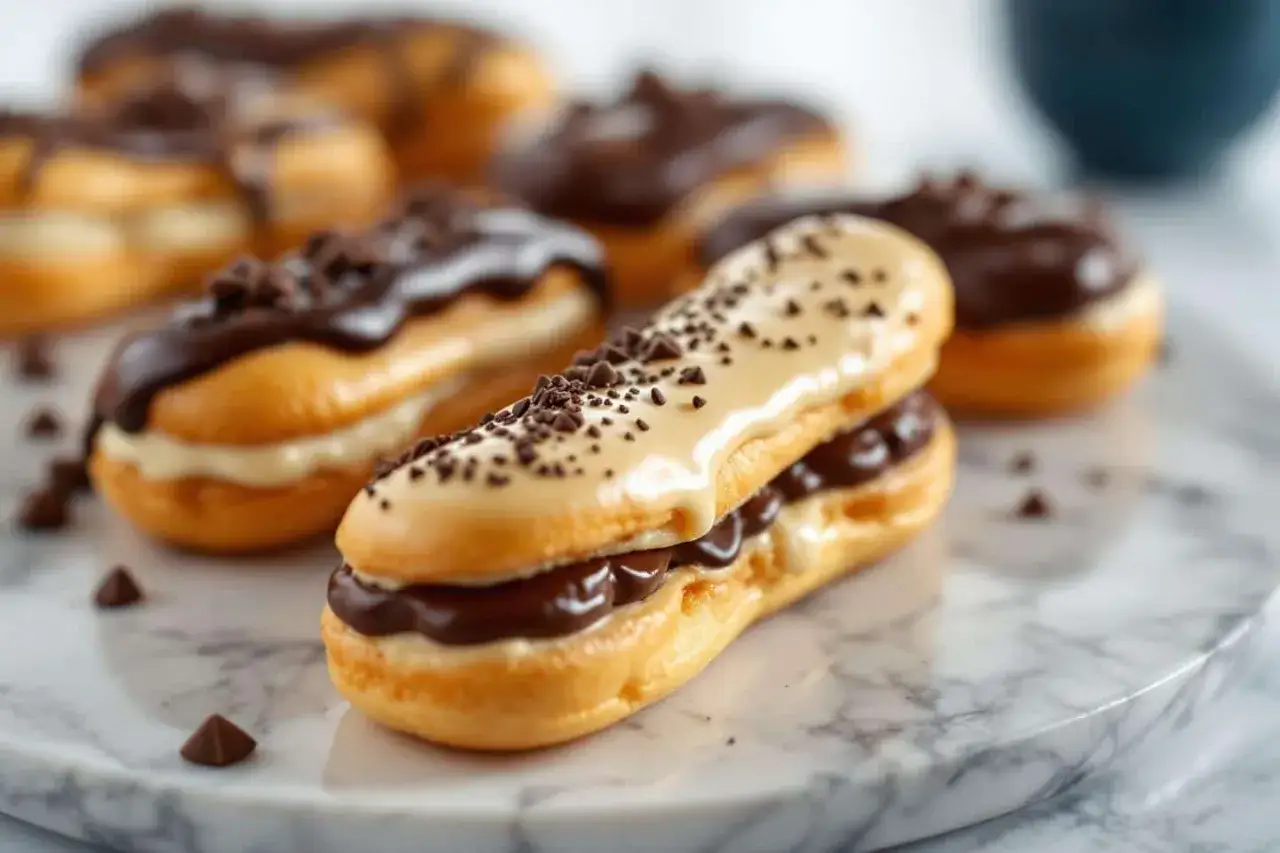 Éclairs gourmands, parfaits après le temps de cuisson pâte à choux. Garnis de crème et nappés de chocolat, ils sont prêts à être dégustés.