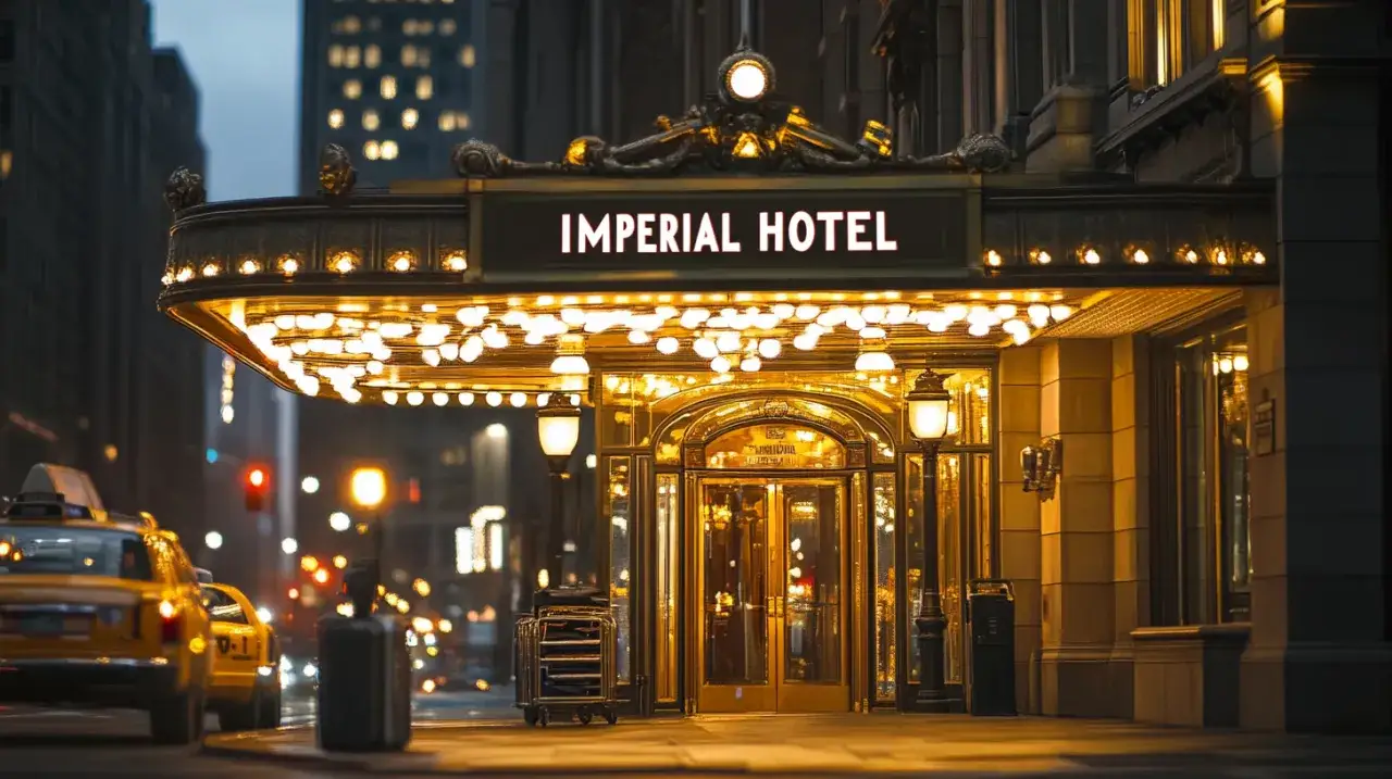 Imperial Hotel w blasku świateł, luksusowy motel w mieście. Obok żółte taksówki, nocne życie miasta.