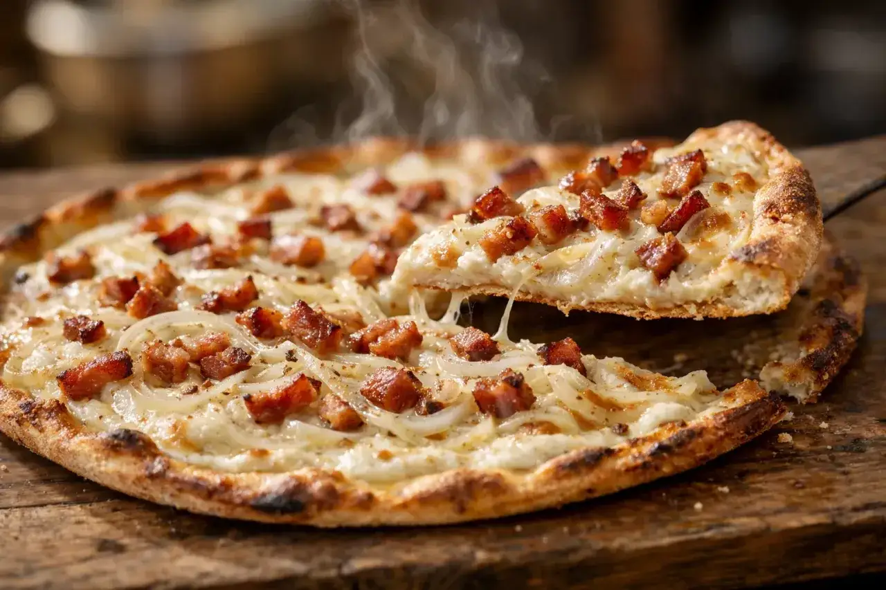 Une part de flammekueche fumante, garnie d'oignons et de lardons croustillants. Une recette simple et délicieuse.
