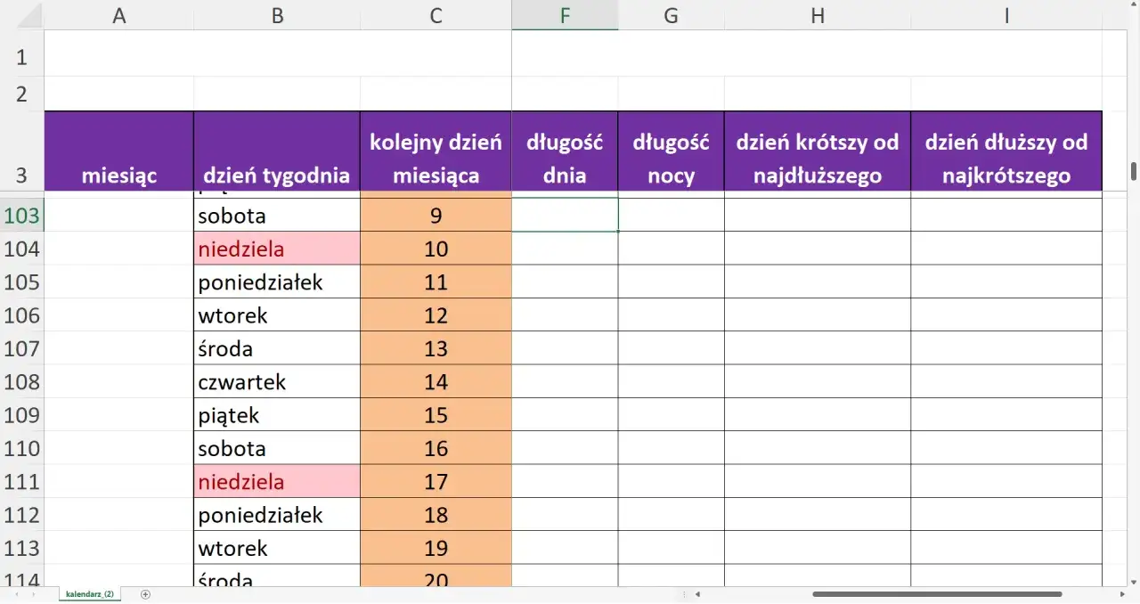 Tabela w Excelu z dniami tygodnia i numerami dni miesiąca. Wskazówka, jak odblokować zablokowane komórki w Excelu, gdy dane są już wprowadzone.