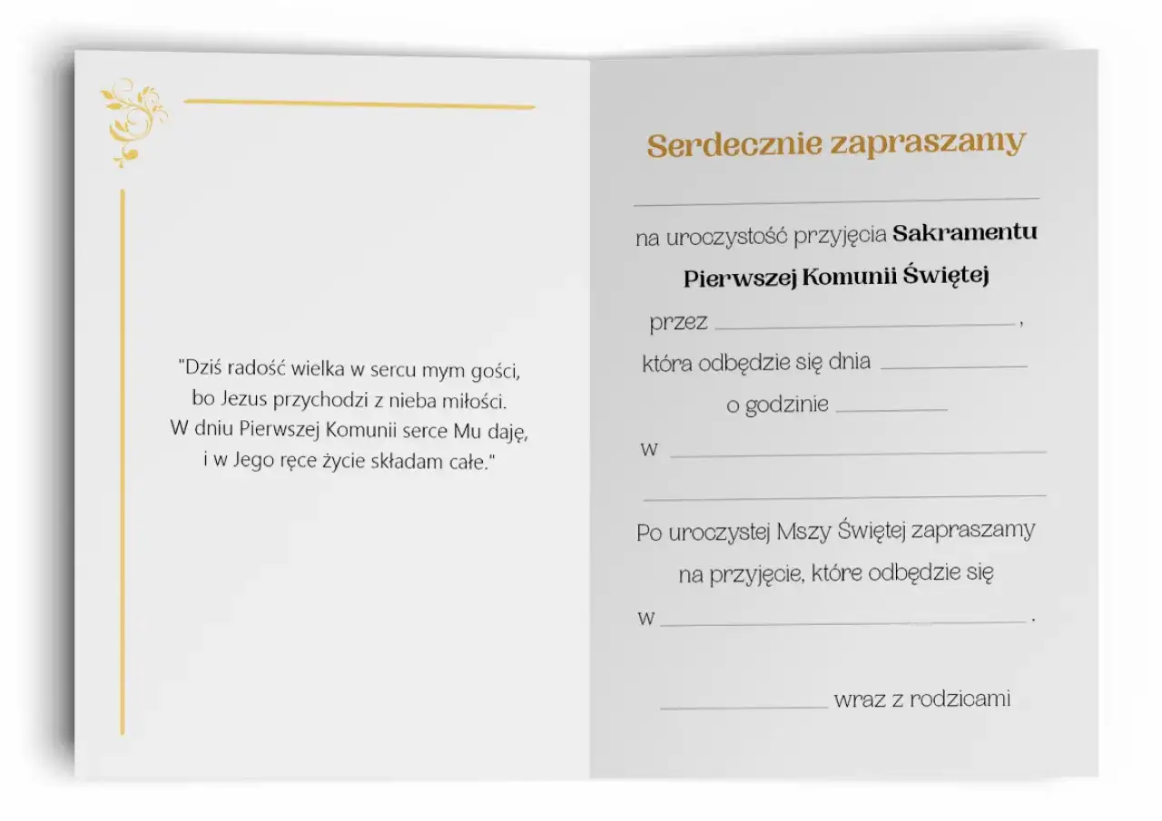 Zaproszenie na uroczystość Pierwszej Komunii Świętej. Wpisz argumenty do zaproszenia: datę, godzinę i miejsce przyjęcia.