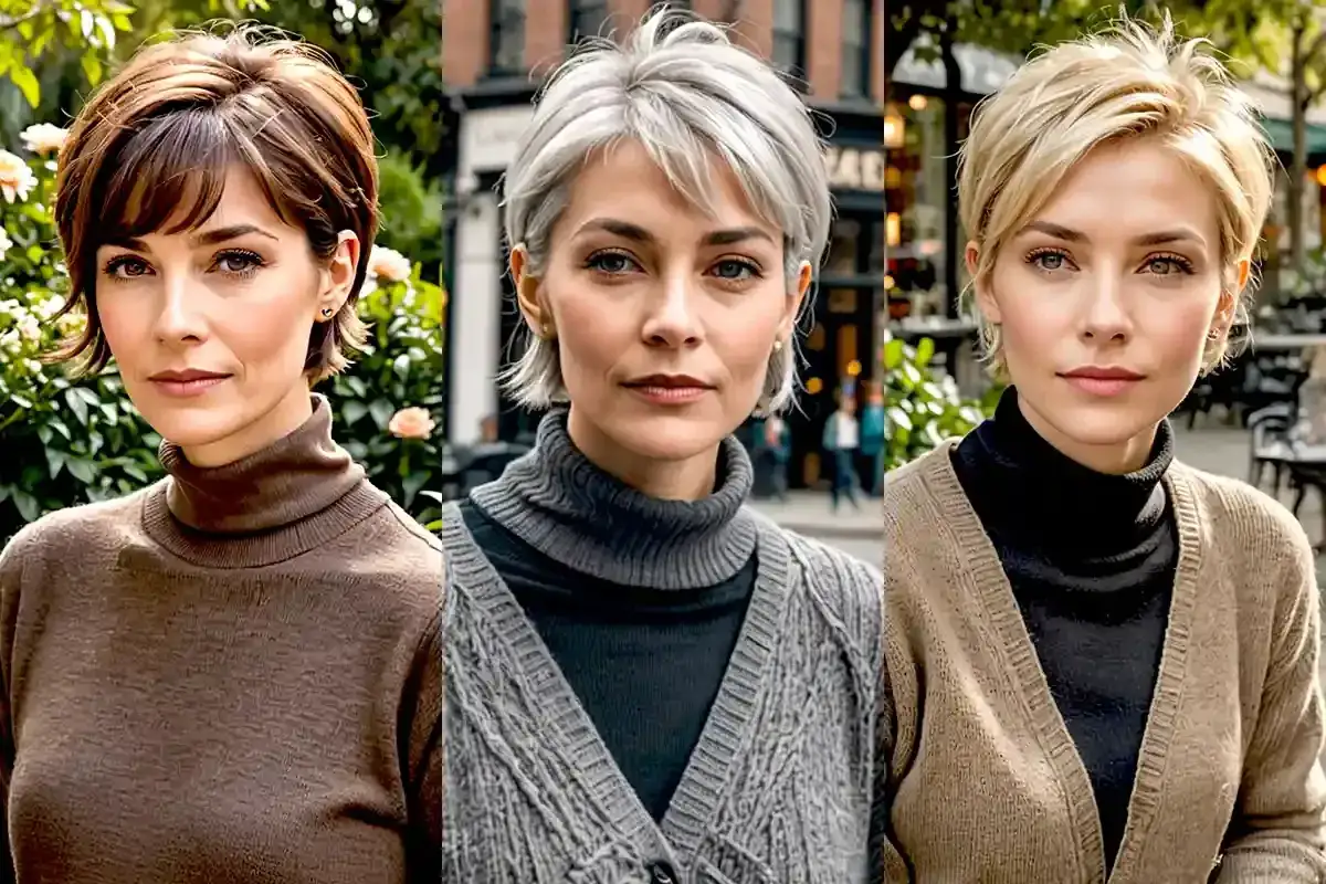 Tres mujeres con un moderno corte bixie, cada una con un estilo y color de cabello diferente, posan juntas al aire libre.