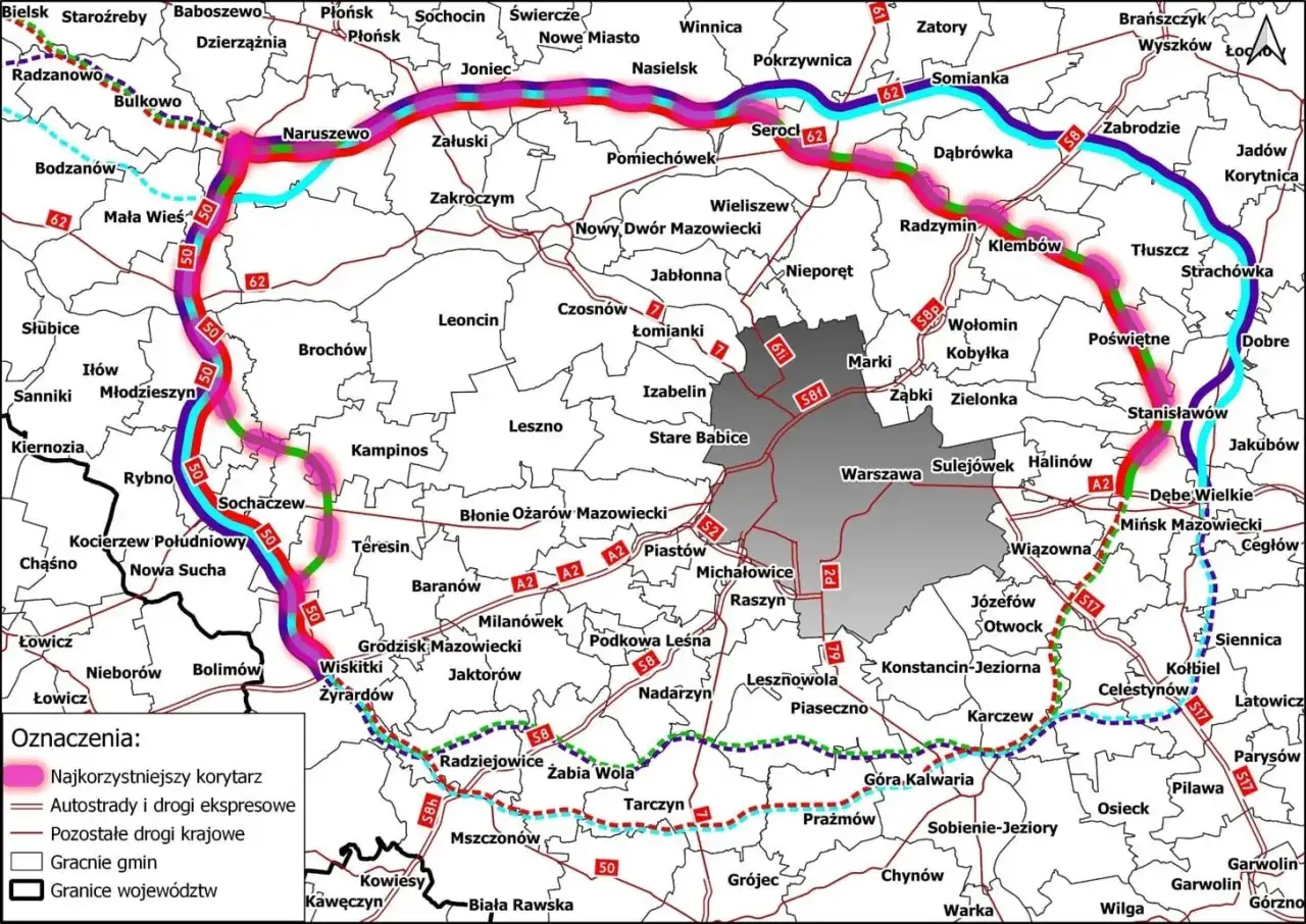 Mapa dróg wokół Warszawy, z zaznaczonymi autostradami, drogami ekspresowymi i innymi drogami krajowymi. Najkorzystniejszy korytarz dk50 oznaczony różowym kolorem.