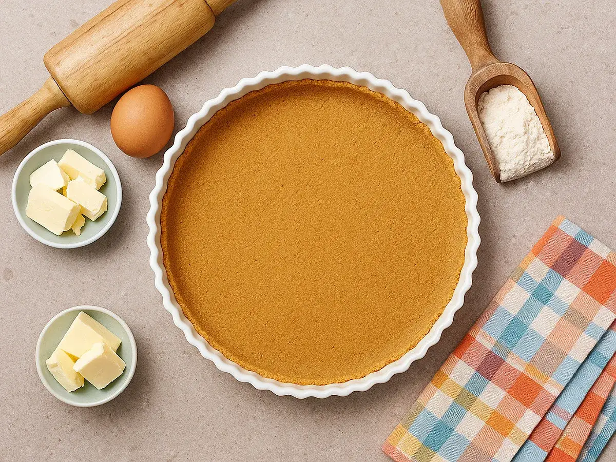 Fond de tarte avec biscuits écrasés sans beurre, prêt pour une garniture gourmande. Ingrédients : œuf, beurre, farine, rouleau à pâtisserie.