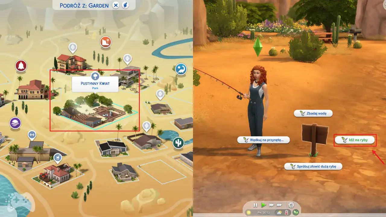 Mapa gry The Sims 4 z zaznaczonym parkiem "Pustynny Kwiat". Obok postać z wędką, gotowa na łowienie ryb.