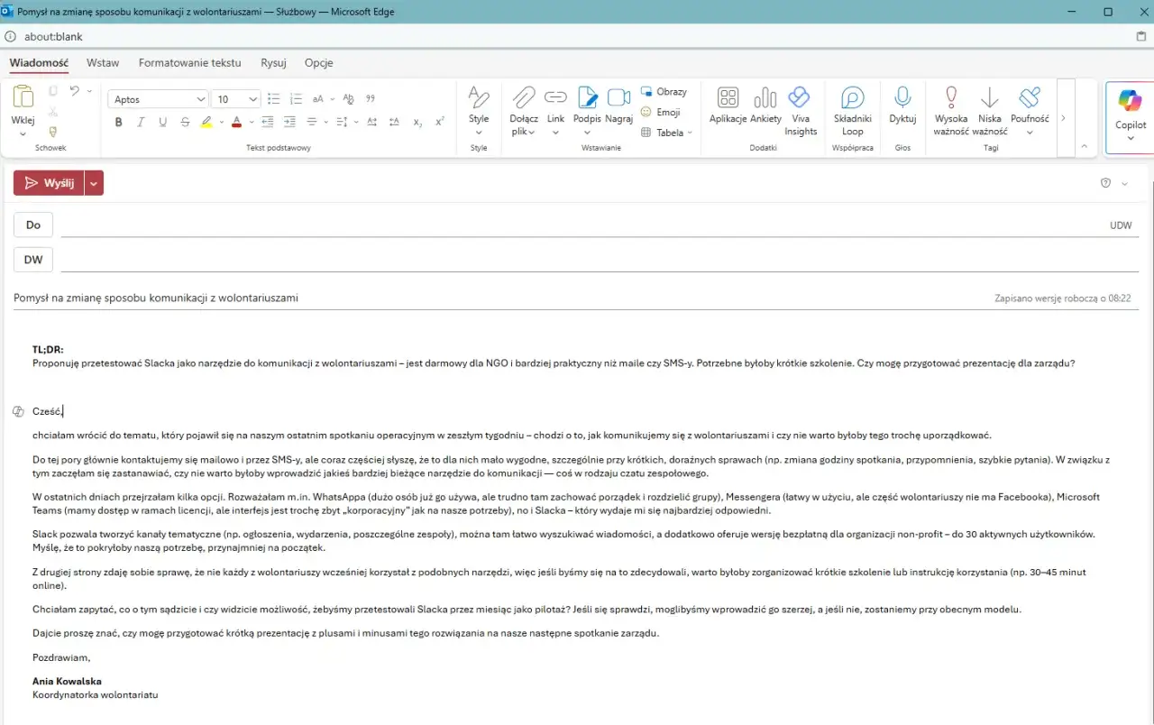 E-mail z propozycją przetestowania Slacka jako narzędzia komunikacji z wolontariuszami. Jak napisać maila w sprawie pracy bez ogłoszenia, gdy szukamy nowych rozwiązań.