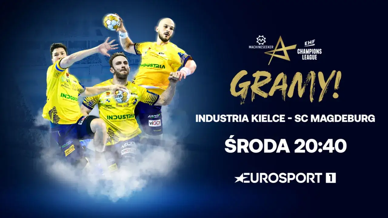 Trzech zawodników w żółtych koszulkach z logo Industria, gotowych do akcji w lidze europy piłka ręczna. Mecz Industria Kielce - SC Magdeburg w środę o 20:40 na Eurosport 1.
