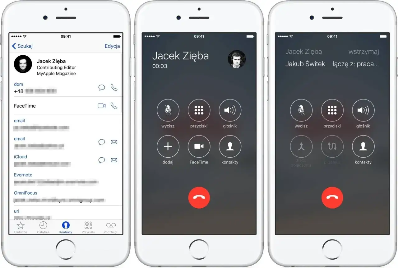 Trzy ekrany iPhone'a pokazujące nagrywanie rozmów. Widzimy kontakt, ekran rozmowy i ekran połączenia z innymi.
