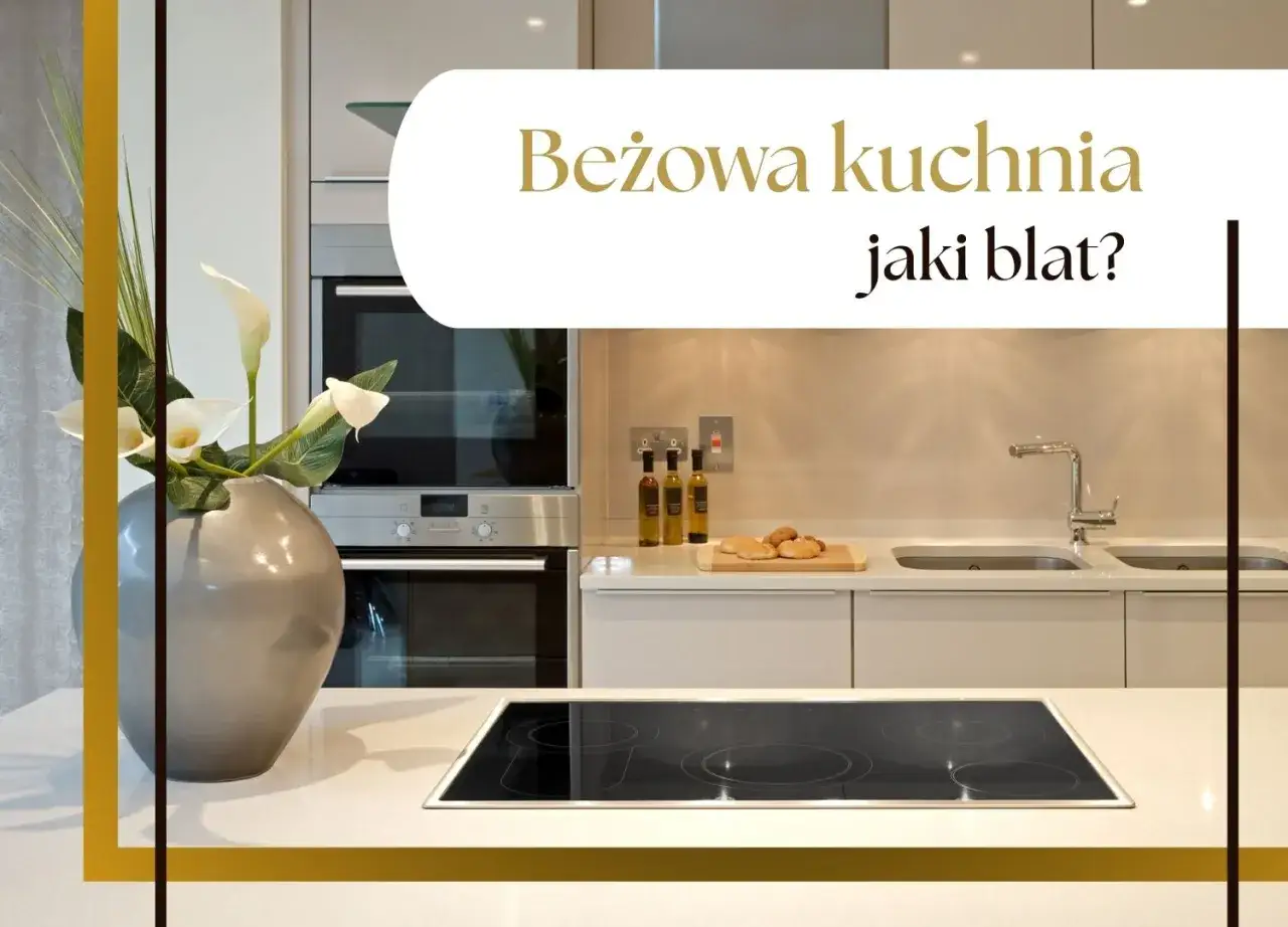 Nowoczesna, beżowa kuchnia z białym blatem, na którym znajduje się płyta indukcyjna i wazon z kaliami.