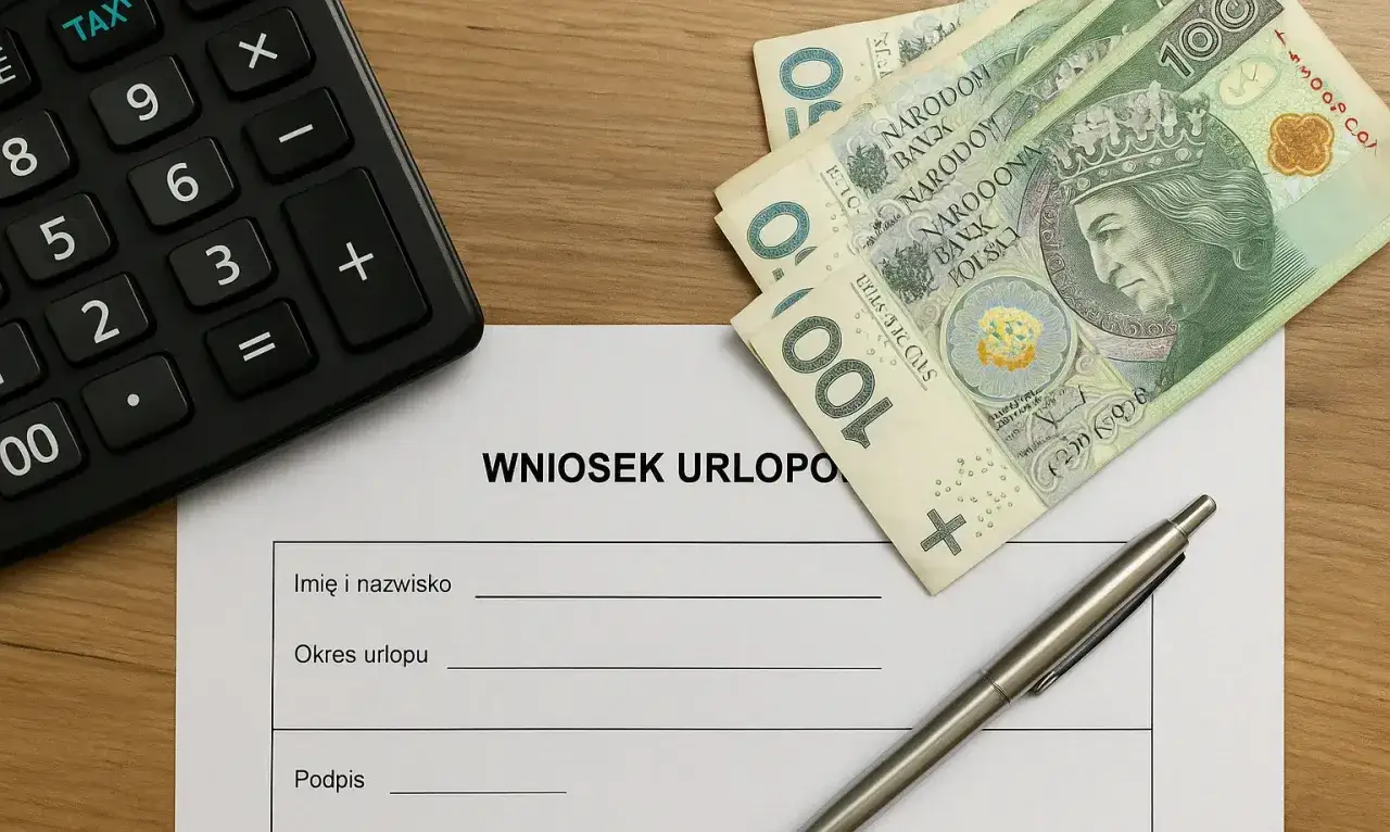 Formularz "Wniosek urlopowy" z długopisem, banknotami 100 zł i kalkulatorem. Czy na umowie zlecenie jest urlop?