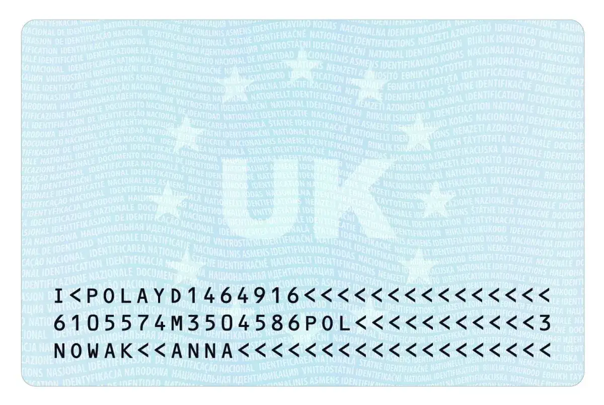 Karta identyfikacyjna z danymi: POLAYD1464916, 6105574M3504586POL, NOWAK, ANNA. To jest przykład eea national id card co to.