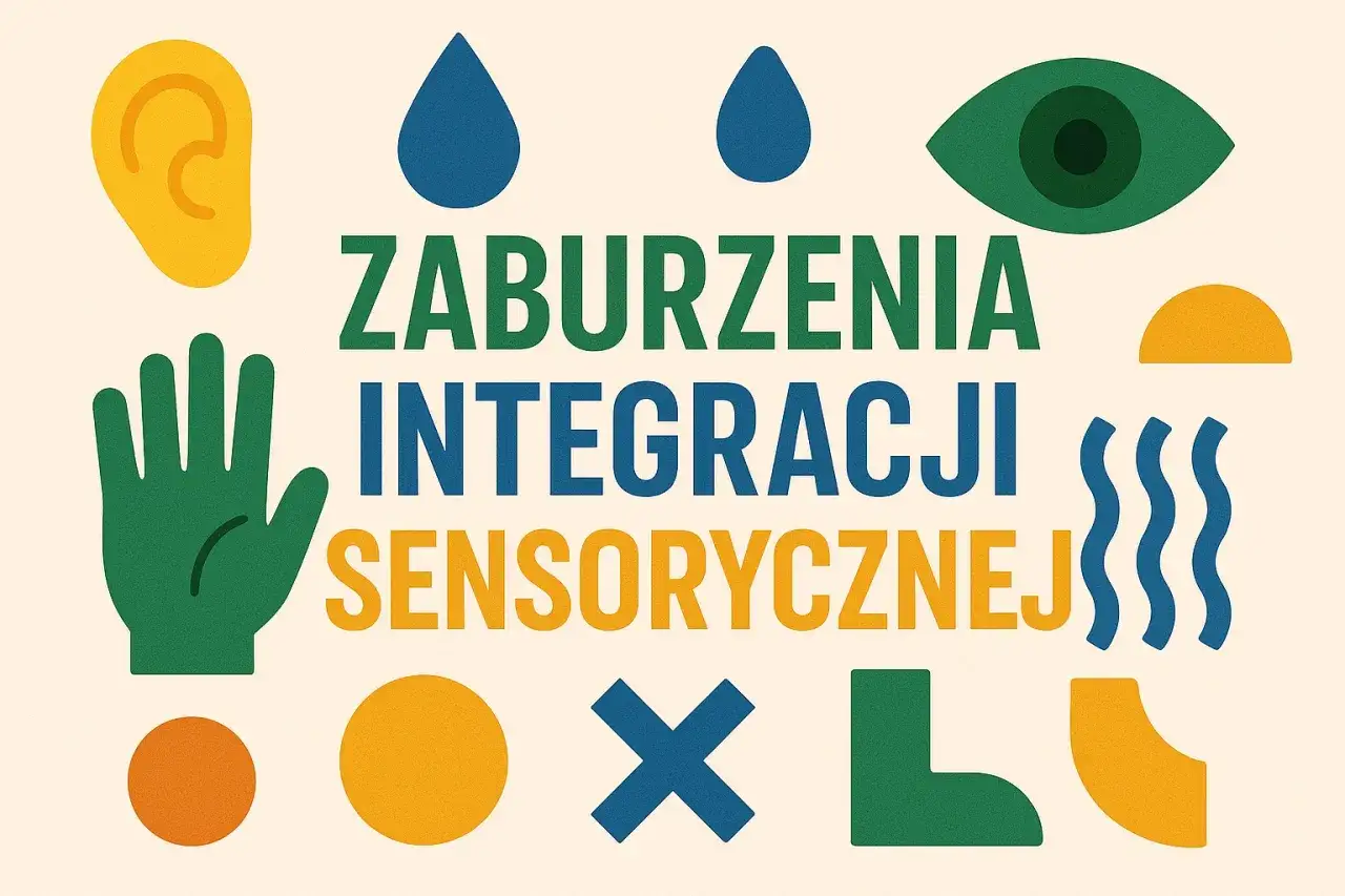 Grafika z tekstem "Zaburzenia Integracji Sensorycznej" i symbolami zmysłów: ucho, oko, dłoń, krople, fale.