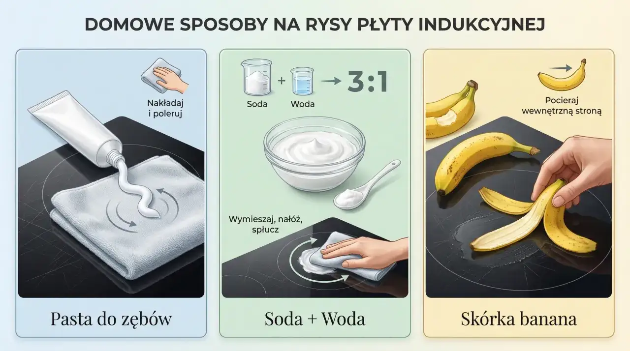 Domowe sposoby na rysy z płyty indukcyjnej: pasta do zębów, soda z wodą, skórka banana.