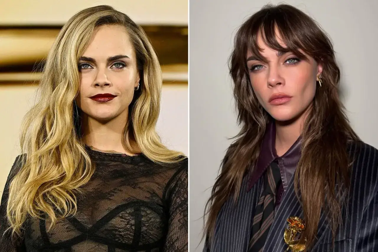 Cara Delevingne con cabello rubio y labios oscuros, y Cara Delevingne con cabello castaño y traje a rayas.