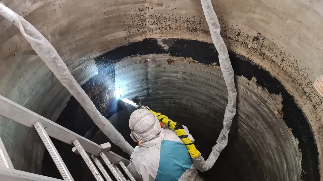 Pracownik w kombinezonie ochronnym wykonuje czyszczenie suchym lodem wnętrza betonowego zbiornika.