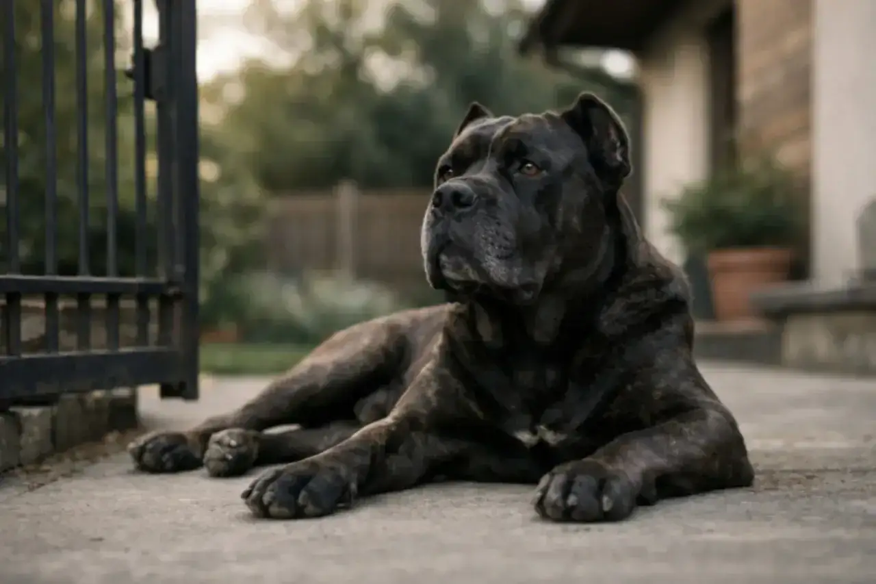Potężny pies rasy cane corso leży przy otwartej bramie, czujny i gotowy do obrony.