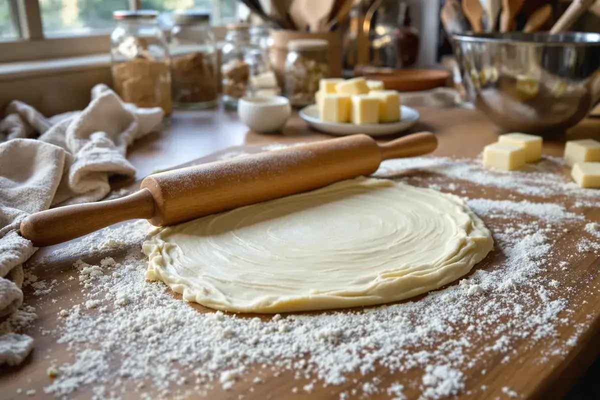 Rouleau à pâtisserie sur une pâte feuilletée étalée, saupoudrée de farine. Des cubes de beurre sont prêts pour la recette.