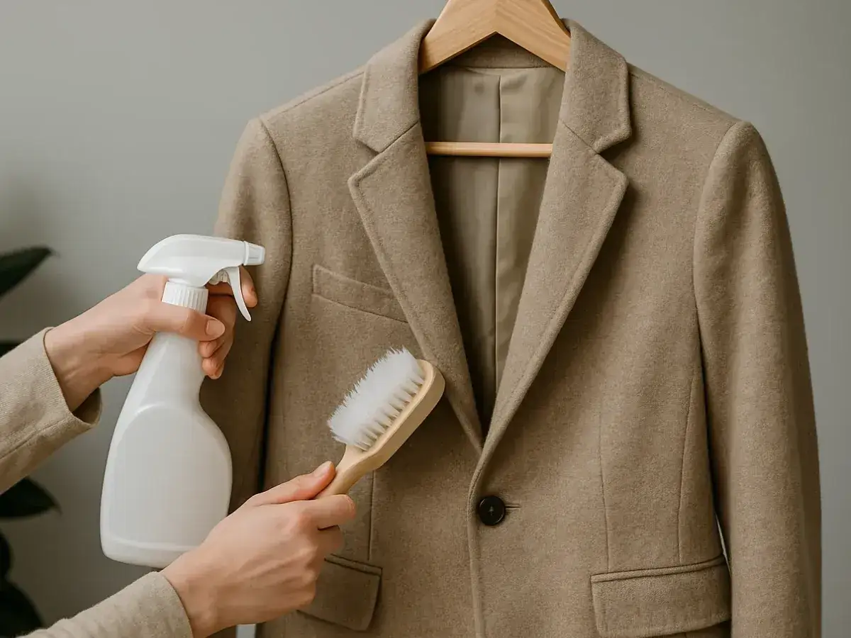 Manos aplicando spray y cepillo a una americana beige. Aprende como lavar una americana en casa.