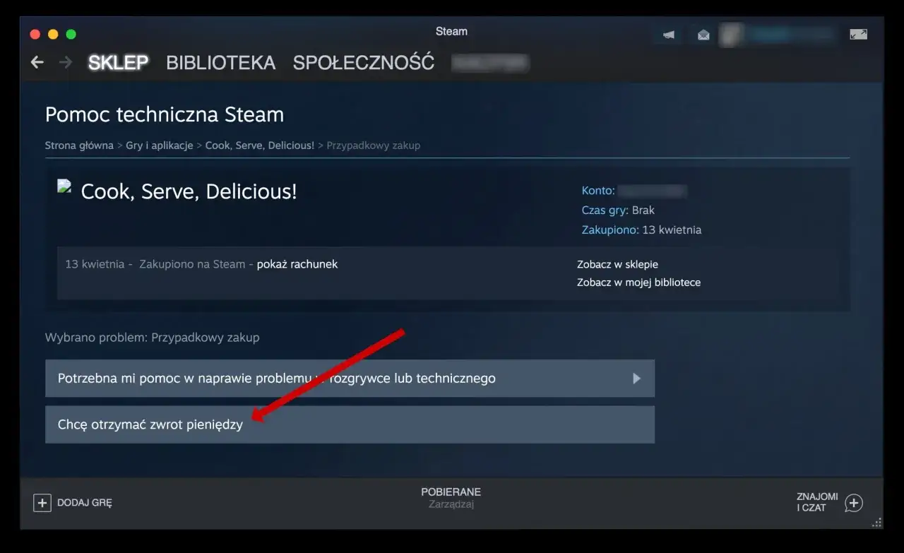 Interfejs Steam z opcją zwrotu pieniędzy za grę "Cook, Serve, Delicious!".
