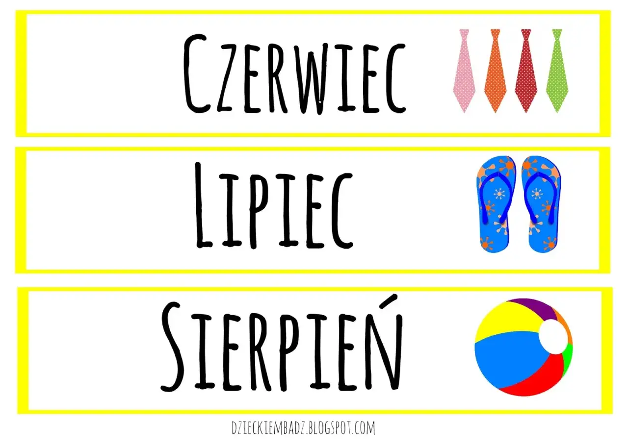 Rymowanki o miesiącach: Czerwiec (krawaty), Lipiec (klapki), Sierpień (piłka).