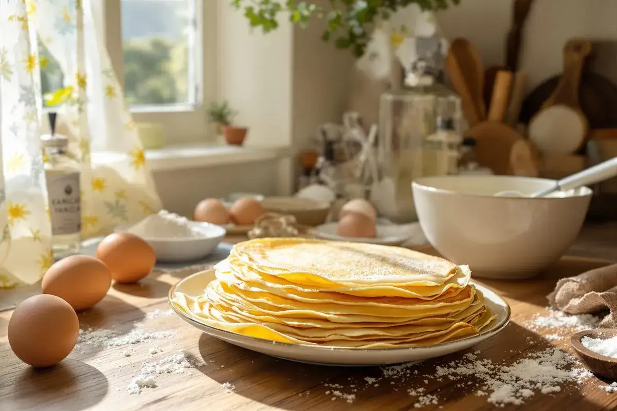 Pile de crêpes dorées, prêtes à être dégustées après leur temps de repos. Des œufs et de la farine sur la table, ambiance matinale.