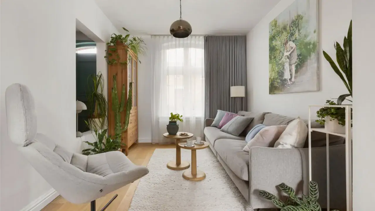 Przytulny salon inspiracje: szara kanapa, fotel, drewniana komoda i mnóstwo zielonych roślin tworzą relaksującą atmosferę.