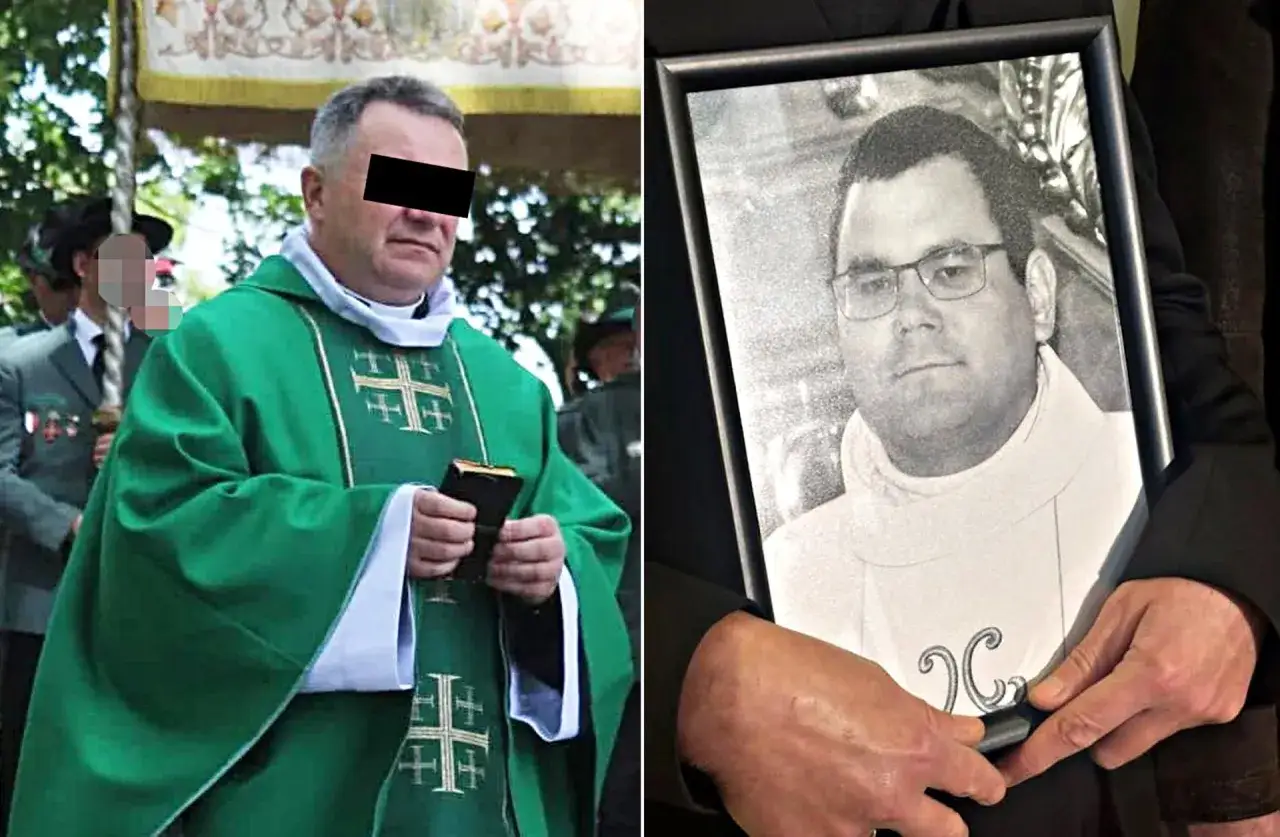 Wikary w zielonej szacie trzyma książkę, obok zdjęcie innego księdza.
