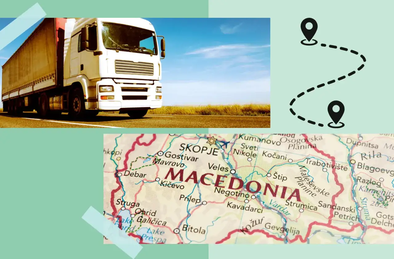 Ciężarówka na drodze, mapa Macedonii i ikony lokalizacji.