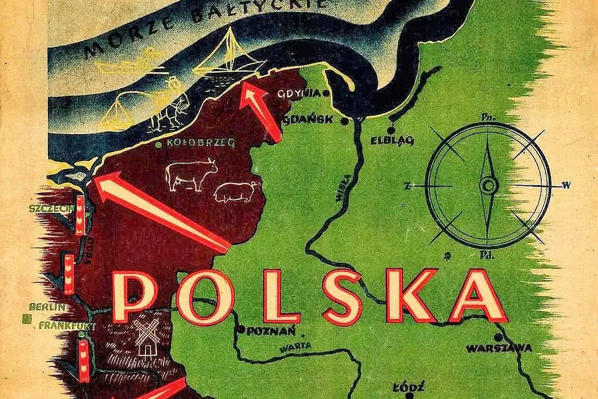 Mapa Polski z zaznaczoną granicą państwową, miastami i symbolami gospodarczymi. Strzałki wskazują kierunki.