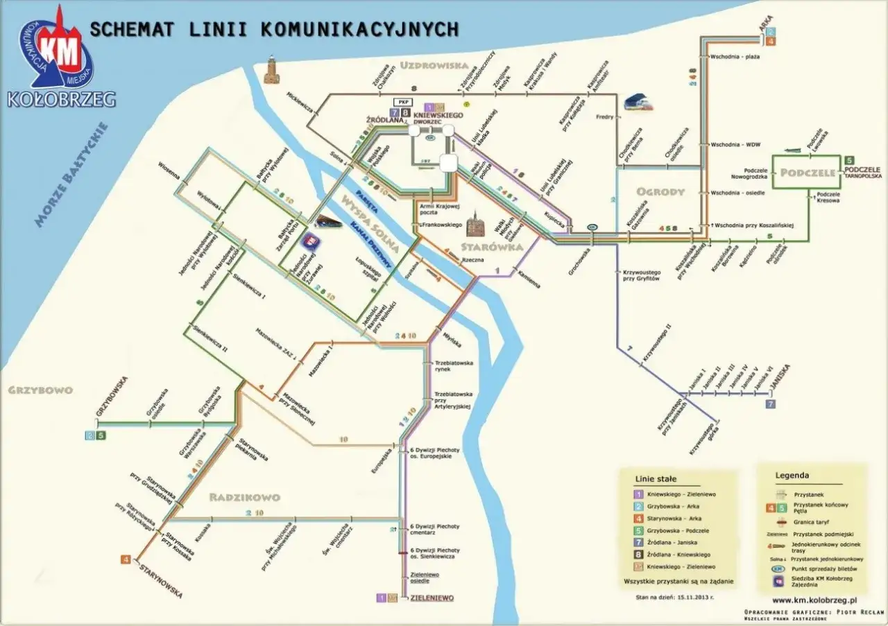Schemat komunikacji miejskiej Kołobrzegu. Znajdź najlepszą trasę, aby dojechać do Kołobrzegu, korzystając z linii autobusowych i tramwajowych.