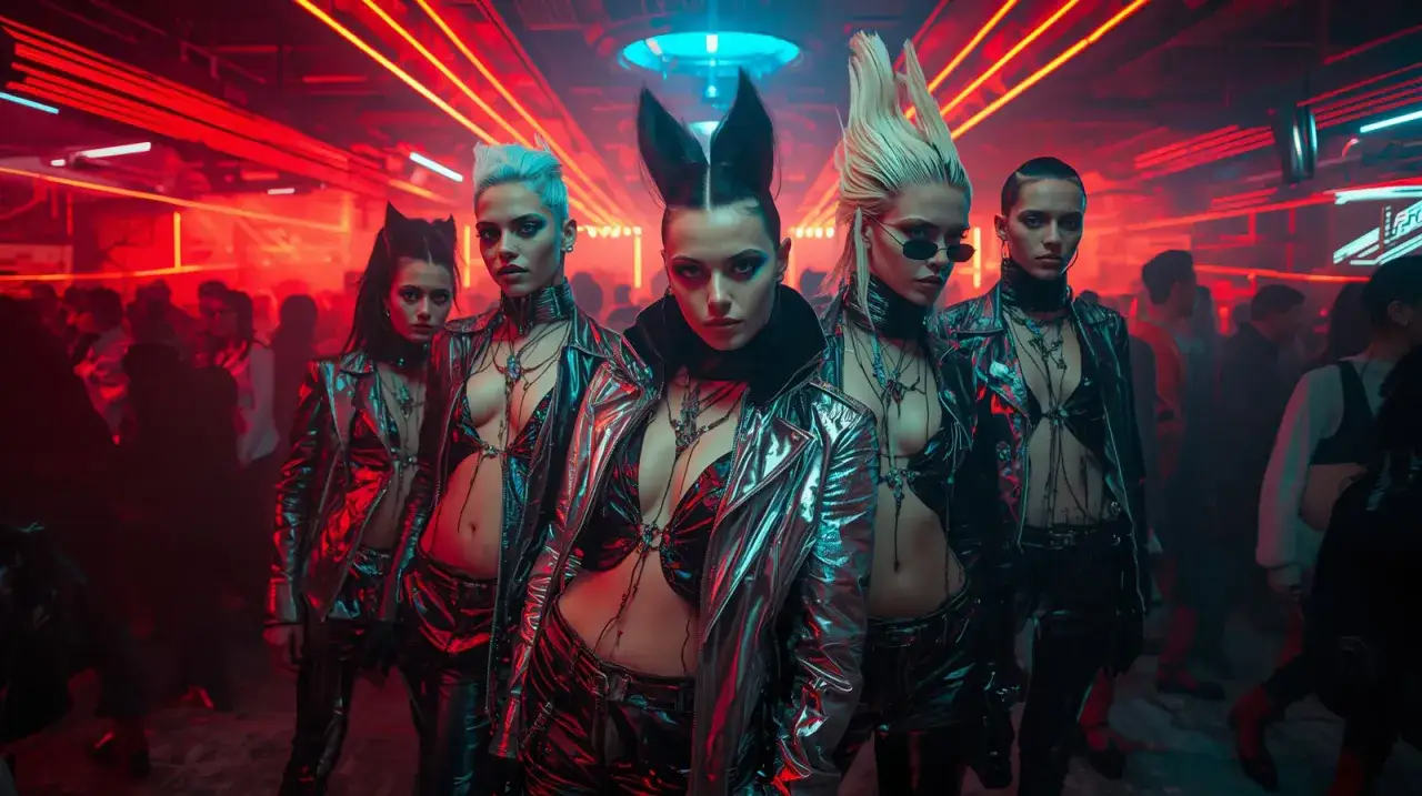 Kobiety w błyszczących strojach, w klubowej atmosferze, wpadają w **trance** pod wpływem pulsujących świateł i muzyki.