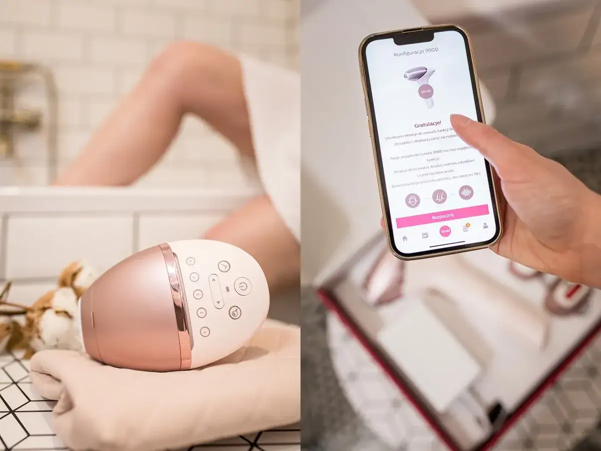Philips Lumea 9900: opinie o innowacyjnej depilacji. Urządzenie i aplikacja w akcji, pokazujące zaawansowane funkcje.