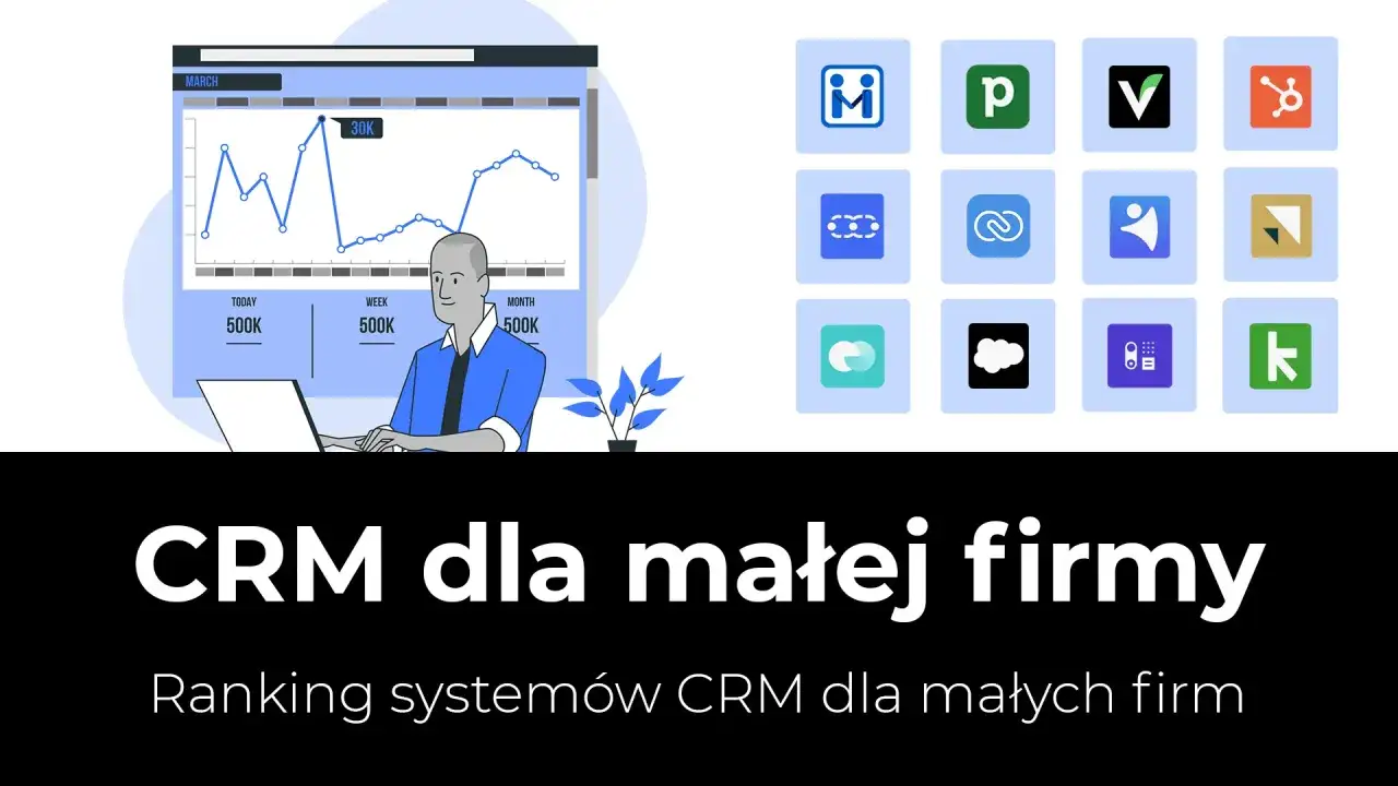 Ranking najlepszych systemów CRM dla małych polskich firm na rok 2026. Analiza wykresów i ikon aplikacji.