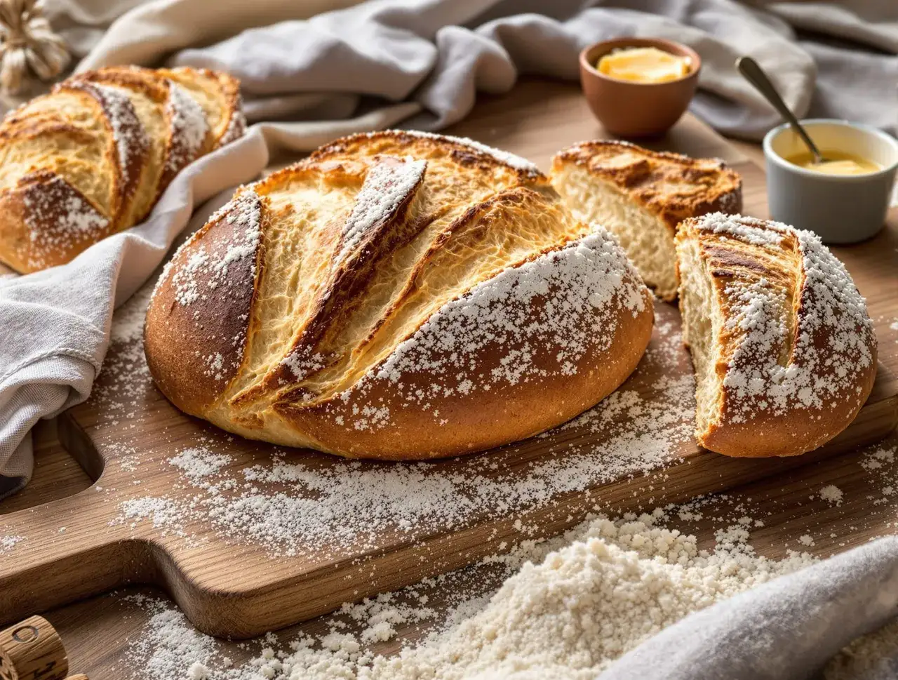 Une brioche au levain, mie filante, saupoudrée de farine, sur une planche en bois. Du beurre et de la confiture sont à proximité.