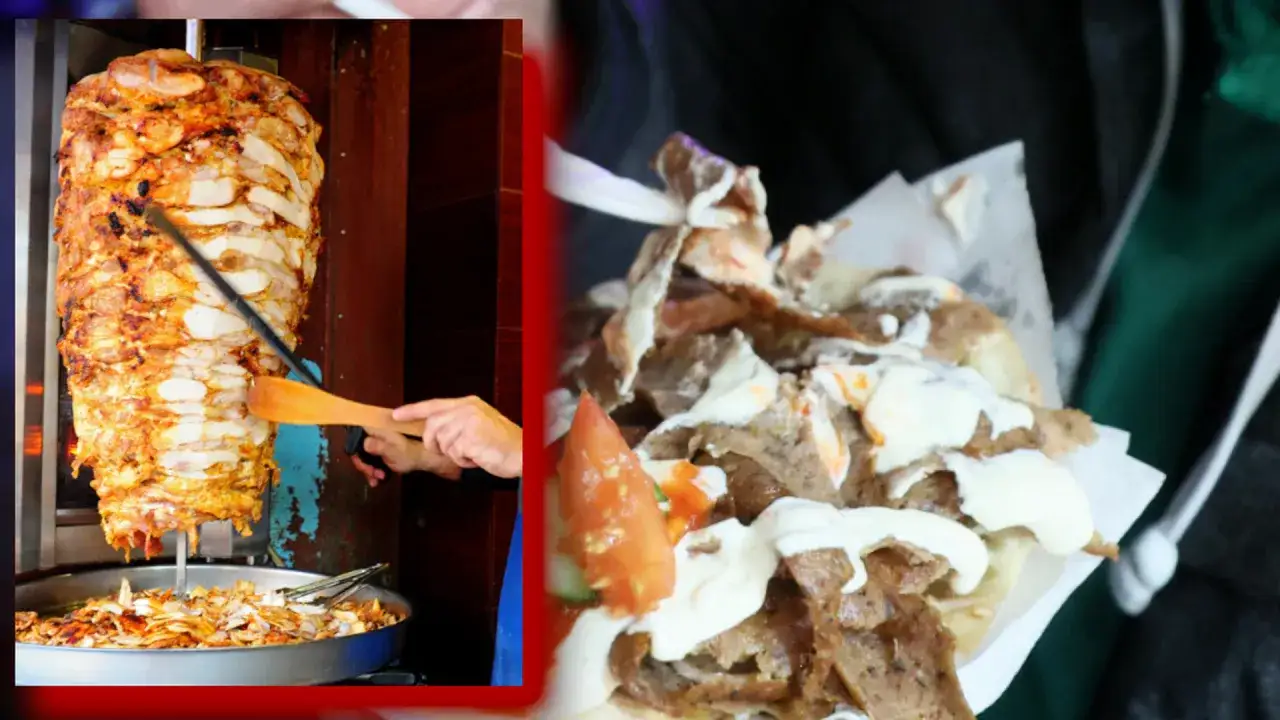 Obrotowy kebab z wołowiny i gotowy kebab z sosem i warzywami.