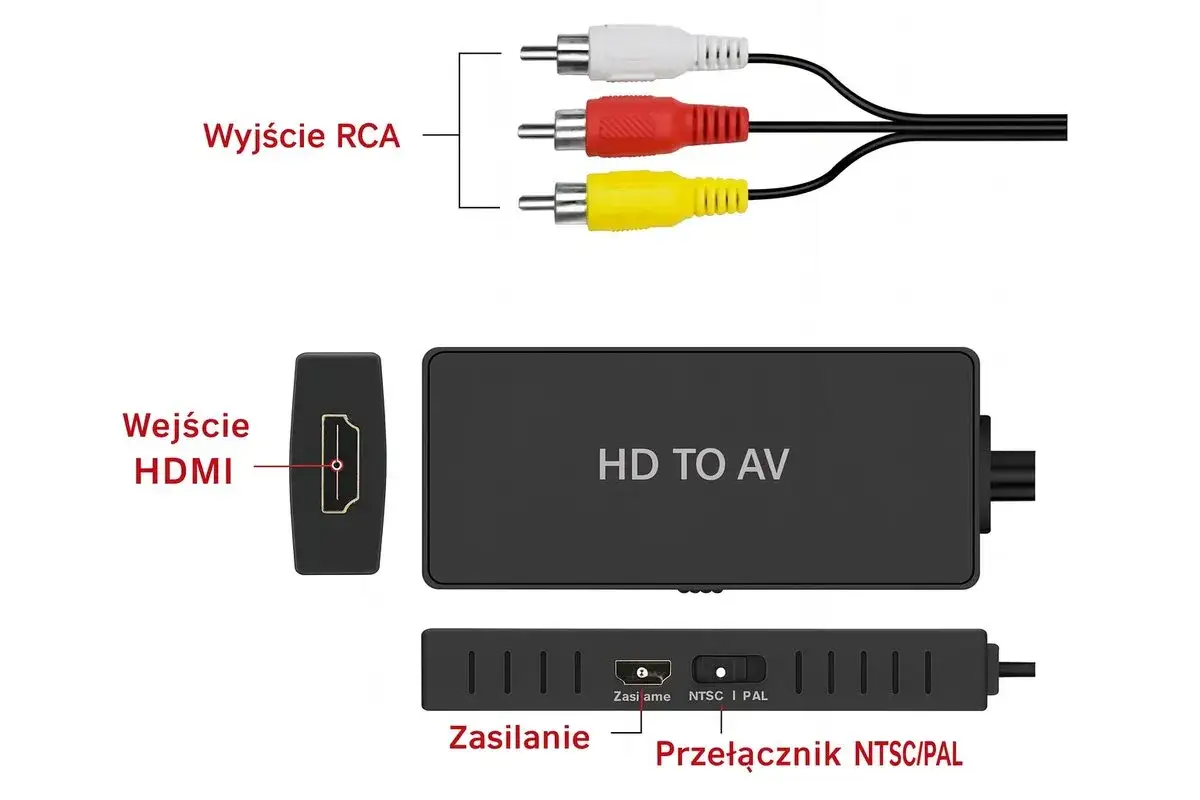 Konwerter HD TO AV z wejściem HDMI i wyjściem RCA. Pozwala podłączyć nowoczesne urządzenia do starszych telewizorów.
