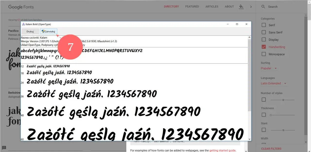 Okno dialogowe Google Fonts z podglądem czcionki Kalam Bold i przyciskiem "Zainstaluj".