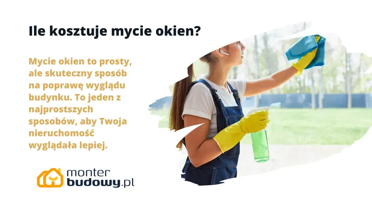 Kobieta w żółtych rękawiczkach myje okno niebieską ściereczką i spryskiwaczem.