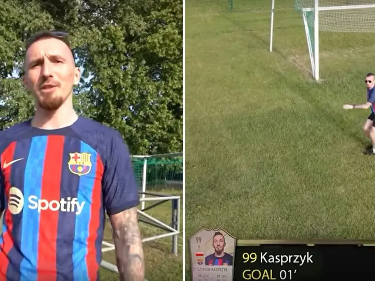 Szymon Kasprzyk w koszulce FC Barcelony i na boisku piłkarskim.
