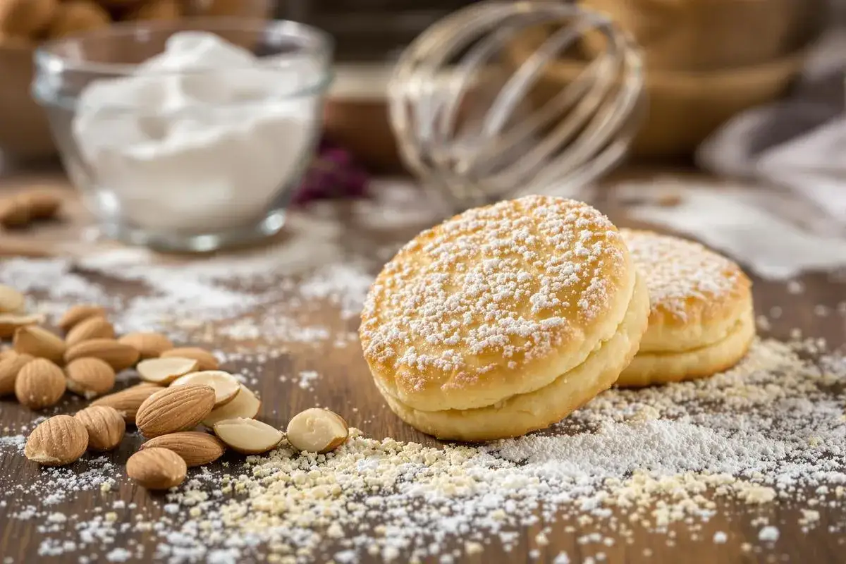 Deux biscuits pour entremet, saupoudrés de sucre glace, reposent sur un lit d'amandes concassées et entières.