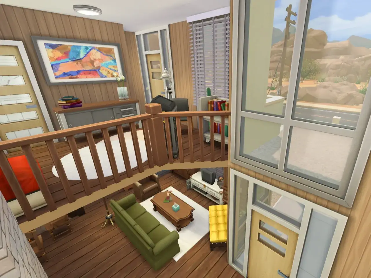 Nowoczesne meble w The Sims 4: zielona sofa, drewniany stolik kawowy i żółty puf tworzą przytulny salon.