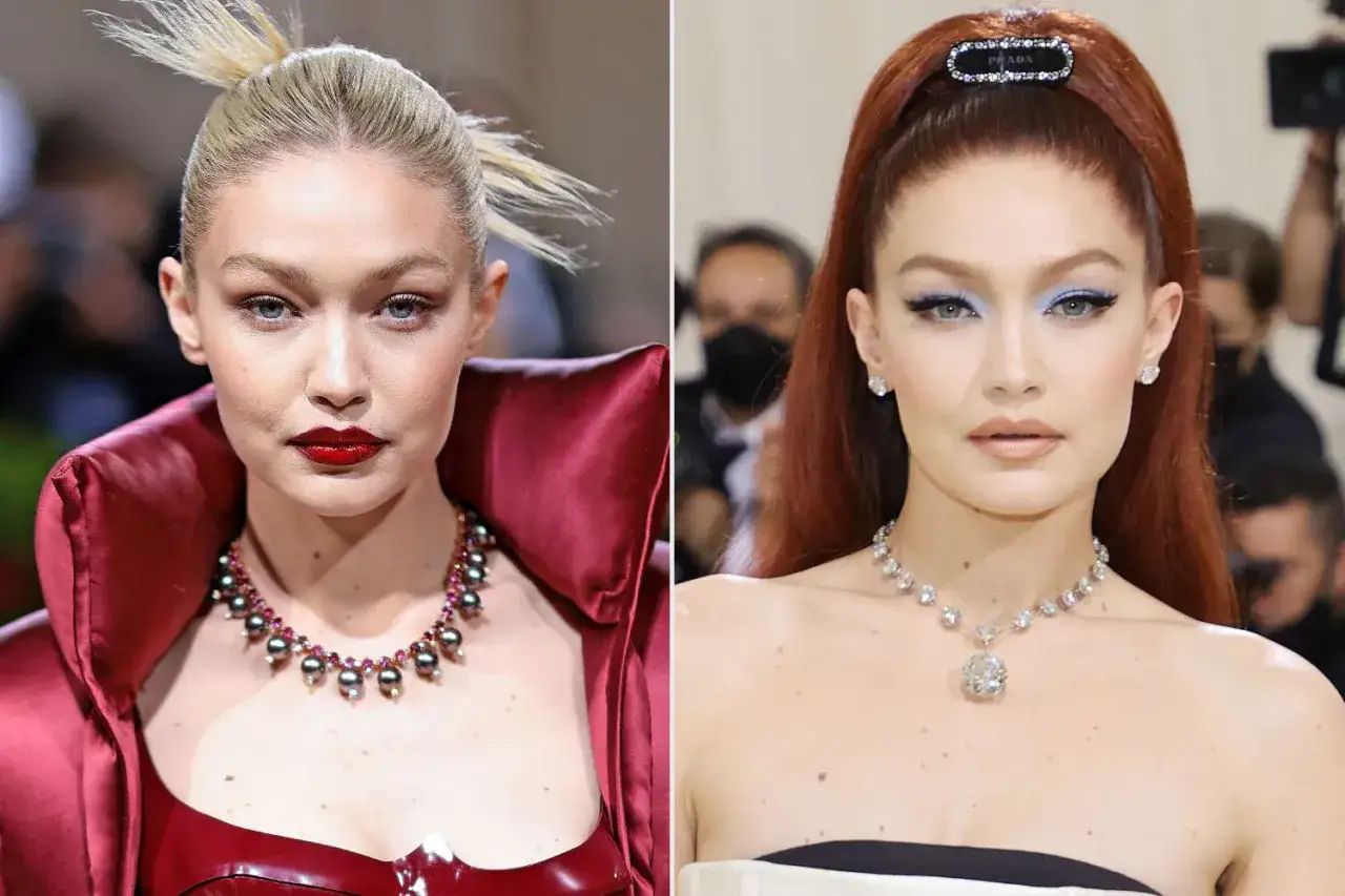 Gigi Hadid deslumbró en la Met Gala con dos looks icónicos: uno rojo vibrante y otro con un collar de diamantes.