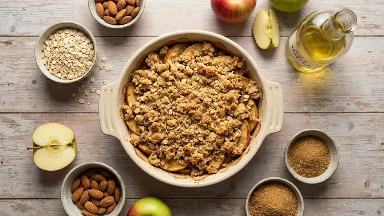 Crumble aux pommes dans un plat, entouré de pommes, d'amandes, de flocons d'avoine et de sucre brun.