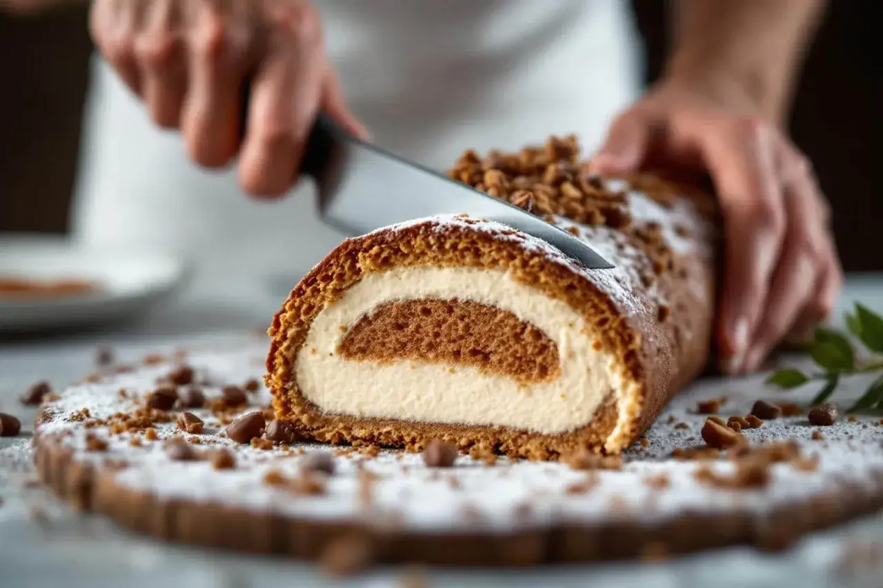 Une main coupe une tranche de roulé à la crème, garni de miettes croustillantes pour buche. Saupoudré de sucre glace.